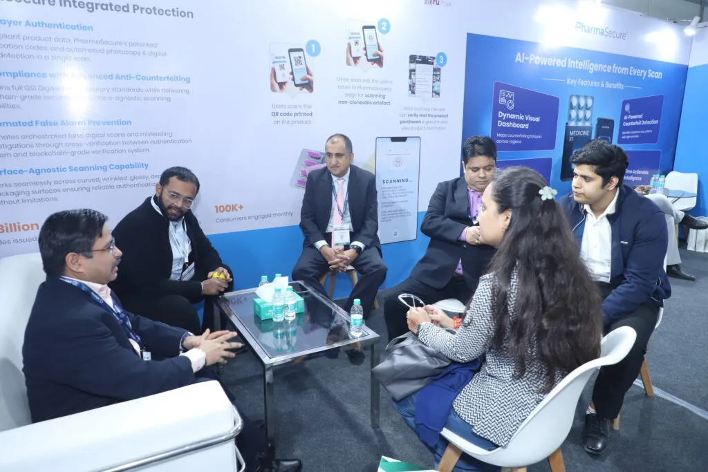 PharmaSecure team interacting with pharmaceutical manufacturers at PMEC 2025